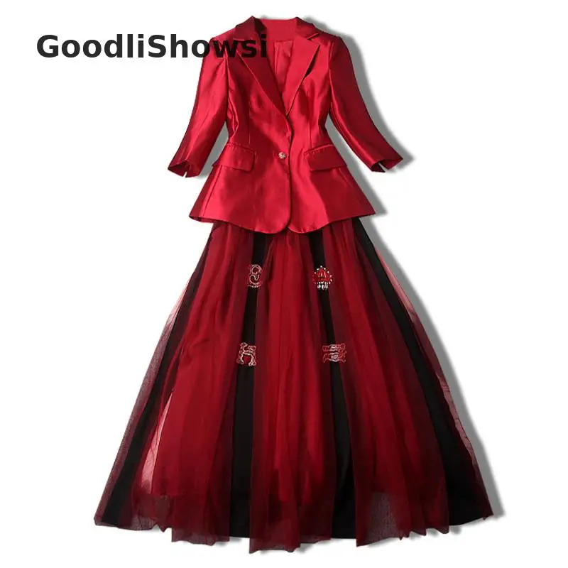 GoodliShowsi Formal 2 Piece Sets Skirt Suits Single Button Notched Red Suit Tops+ Diamonds Mesh Midi Skirt Elegant Women's Sets