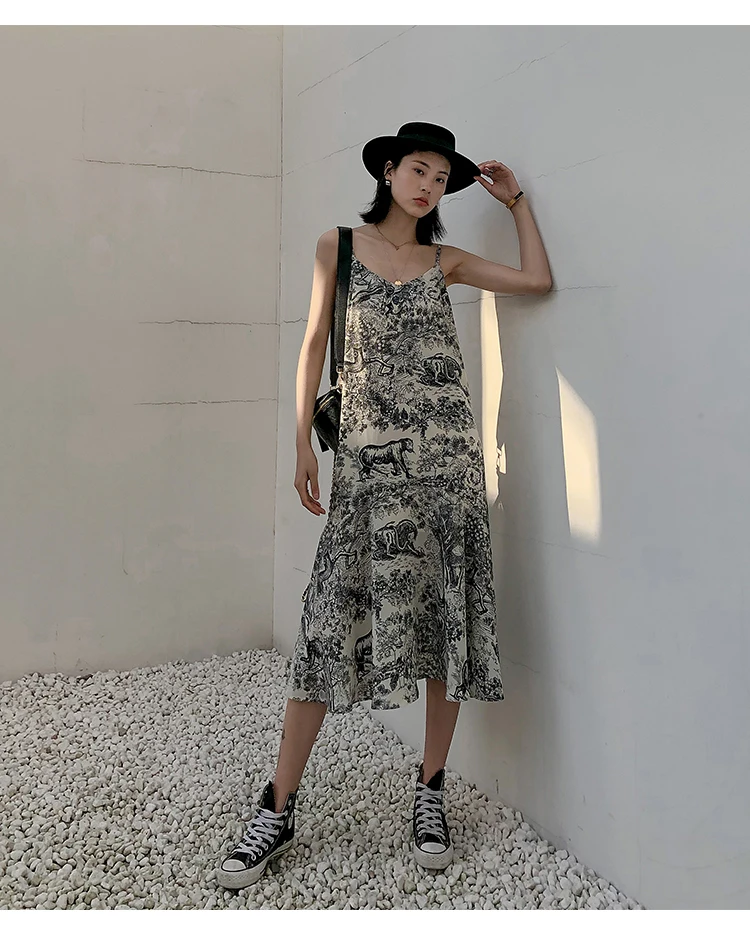 Chic women's high quality elegant slip dress Holiday style animal print chiffon dress B283