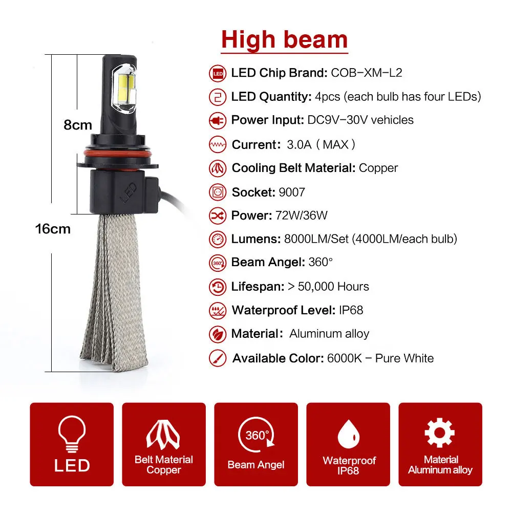 2Pcs H11 H7 Led Canbus H4 Headlight Bulbs Kit Hi-Lo Beam Car Lamp 9005 9006 H1 H3 H8 H9 H13 9004 9007 880 Super Bright