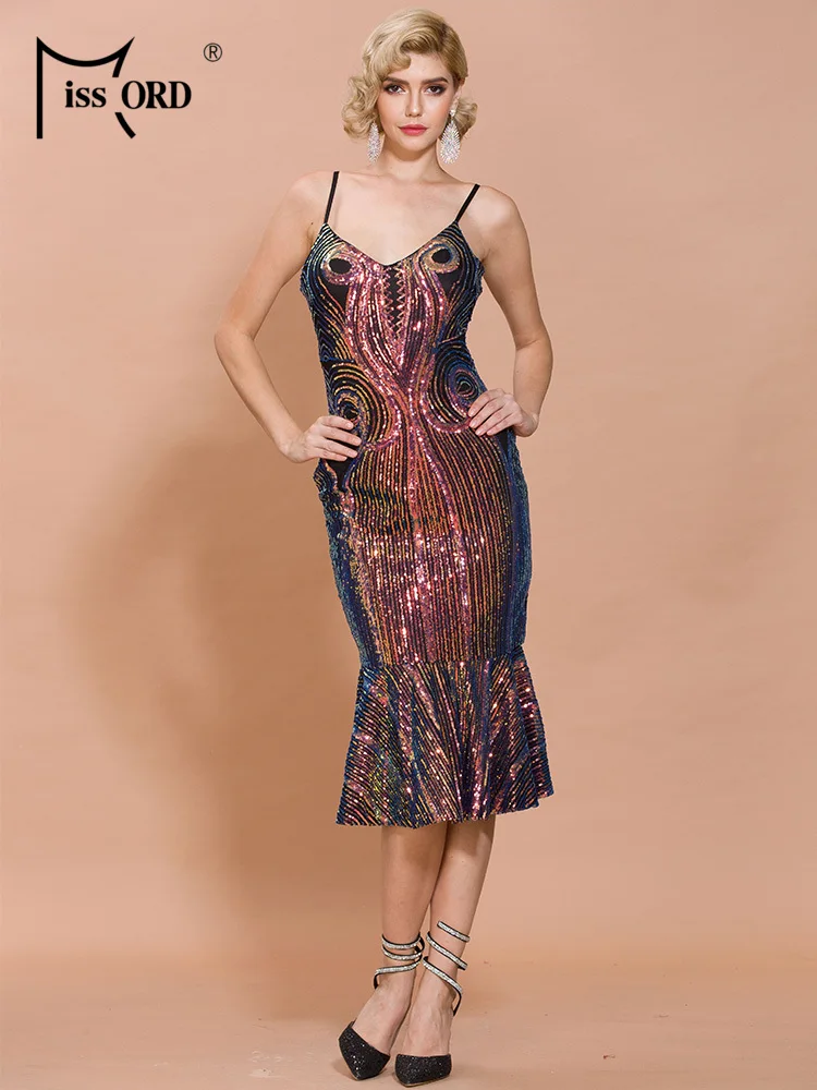 Missord, сексуальное женское платье миди с глубоким v-образным вырезом и тонкими бретельками, с блестками, без рукавов, с оборками, облегающее платье для вечеринки, FT19977 - Цвет: Многоцветный
