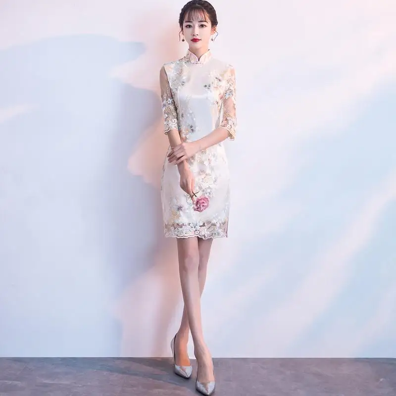 Женское сексуальное платье Cheongsam, Благородное кружево, пэтчворк, Сплит, китайское вечернее платье, традиционная вышивка, Qipao, классическое платье - Цвет: champagne slim