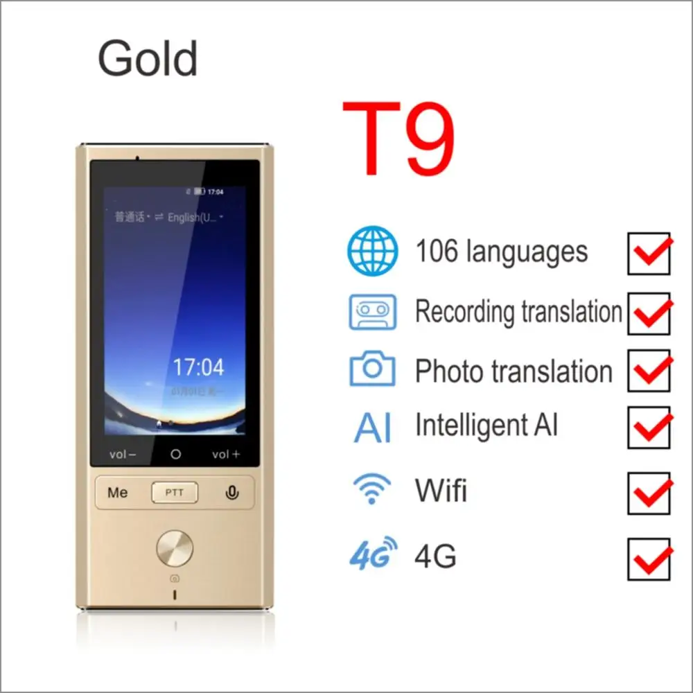 T9 Gold Boeleo W1 AI синхронный голосовой переводчик 4G сеть многоязычный портативный умный голосовой переводчик 2," сенсорный экран 8G память - Цвет: T9 Gold