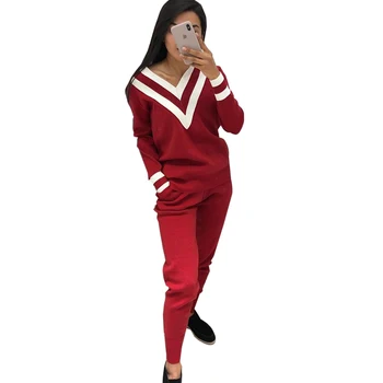 

TAOVK Autumn And Winter Ladies Stripe Matching V-neck Knit Suit