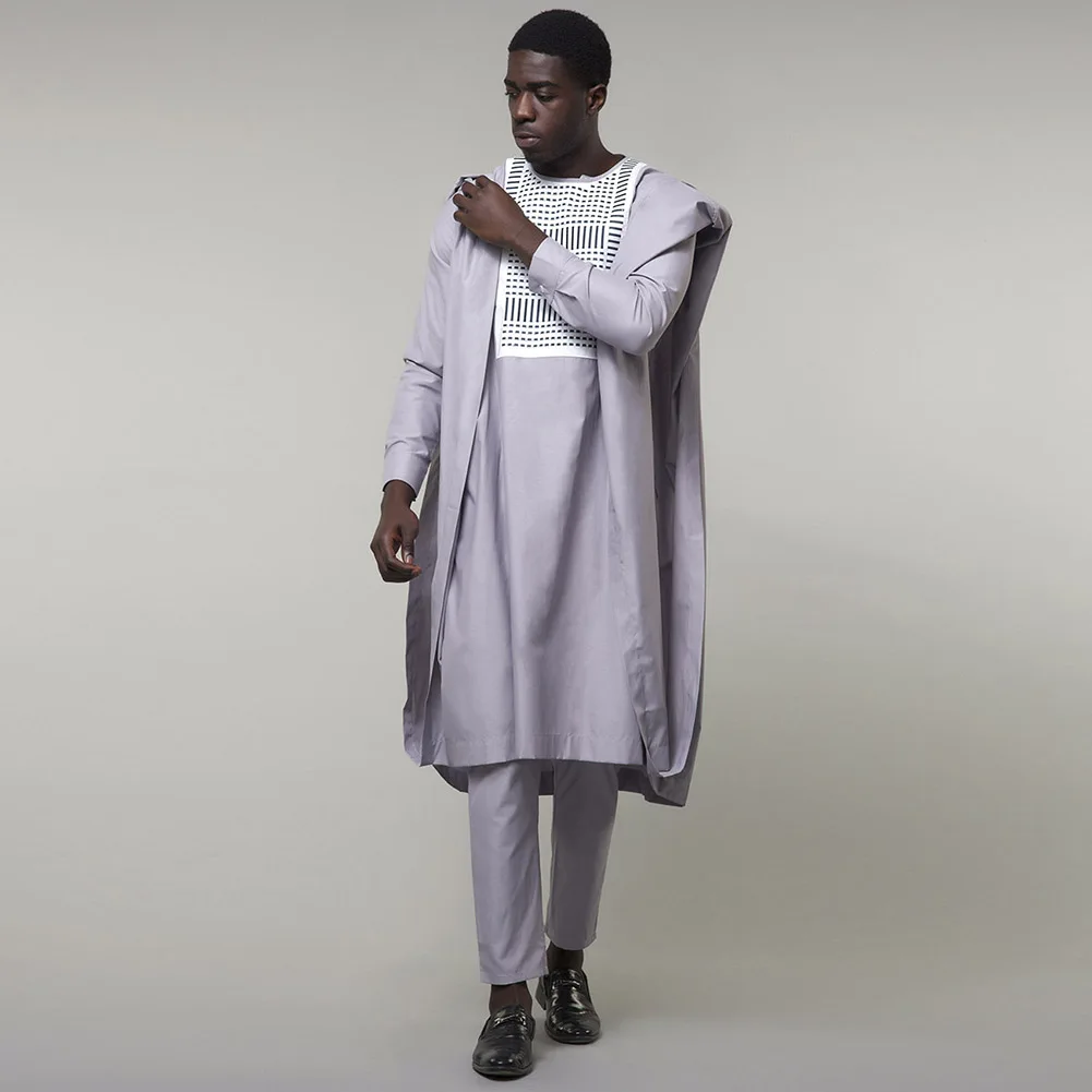 Fadzeco Agbada 2019 мужские африканские 3 шт плюс размер Дашики белая вышивка Slim Fit Топ с коротким рукавом Брюки Мужская одежда Повседневный костюм