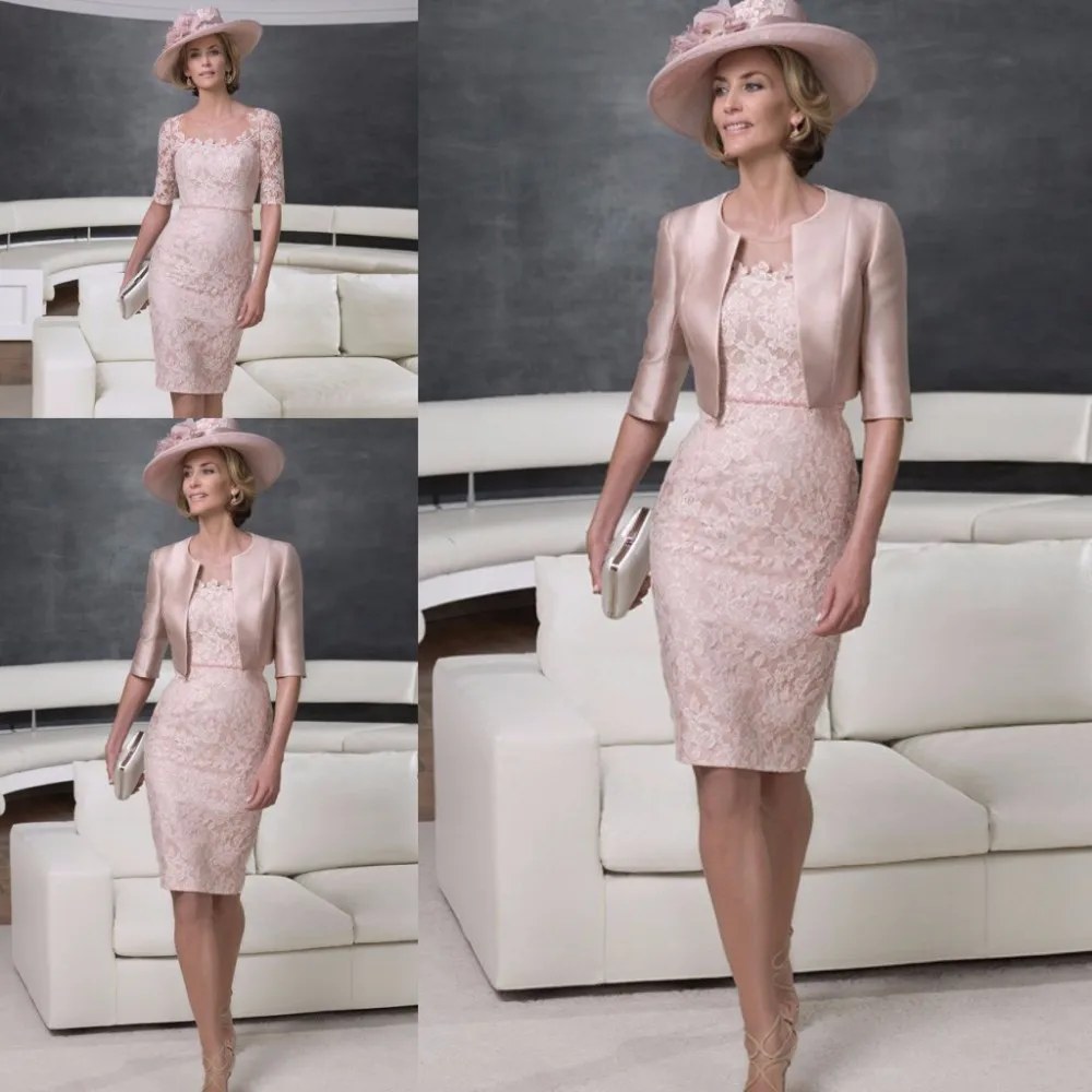 Vestido De Madrinha элегантное розовое атласное кружевное вечернее платье с глубоким вырезом платья для матери невесты с рукавом до локтя жакет - Цвет: same as picture