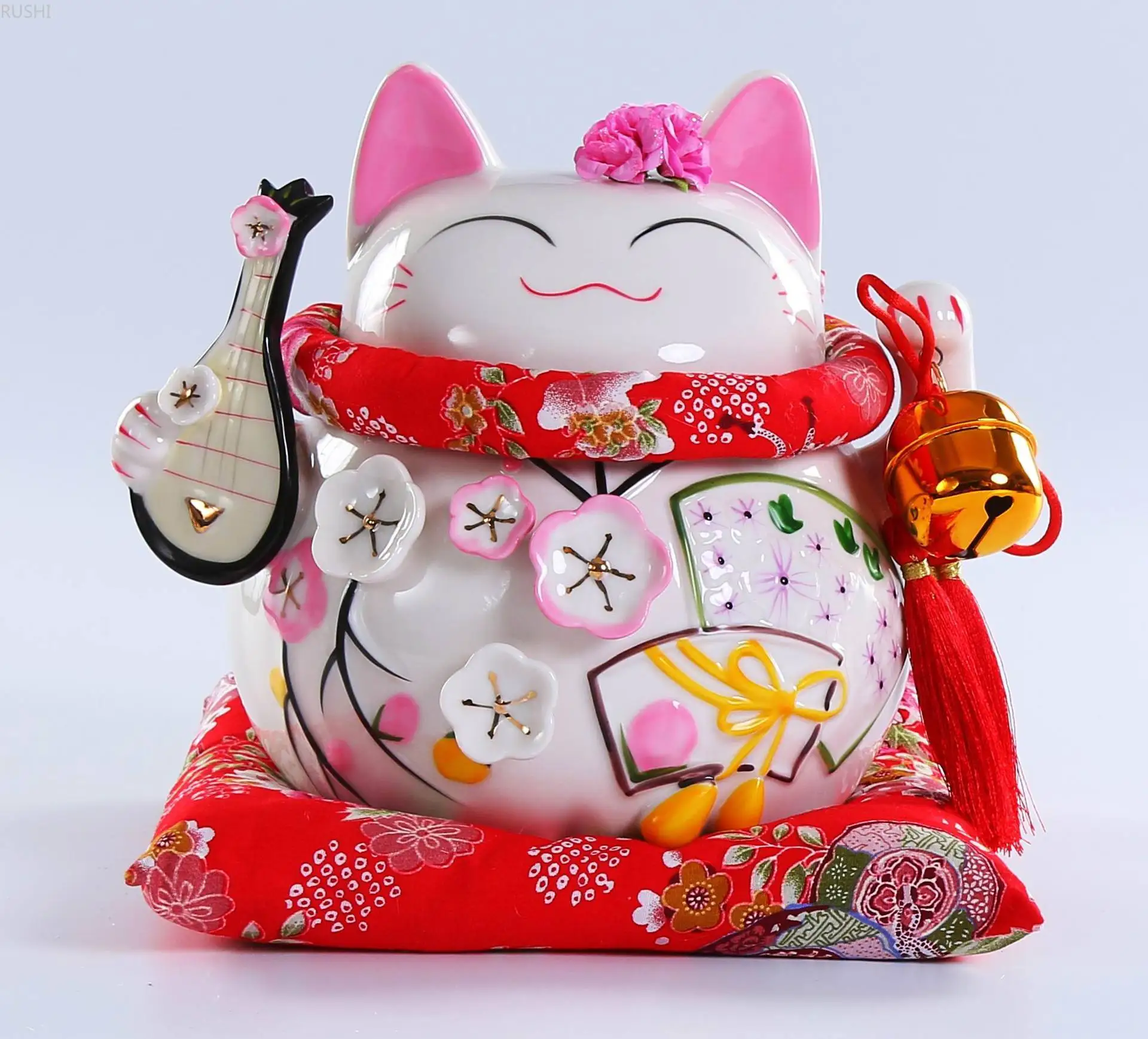 

Chinese Ceramic 8 Inch Lucky Cat with Pipa Coin Bank Ceramic Maneki Neko with Lute Money Box Fortune Cat Fengshui Craft Gifts
