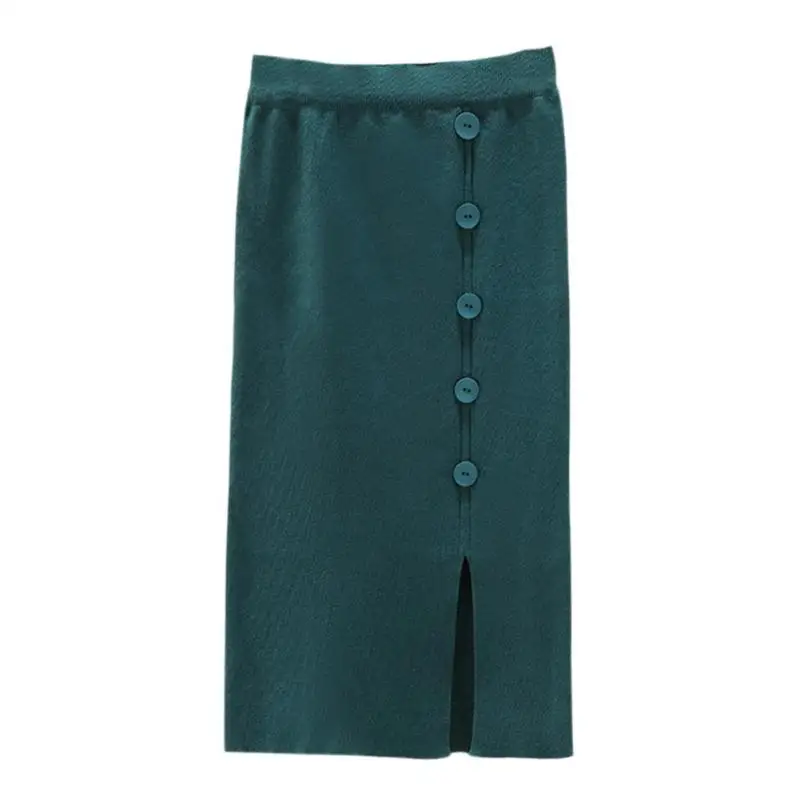 Dark Green Винтажная Женская Однотонная юбка, простая облегающая бедра тянущаяся облегающая юбка с низким разрезом, сексуальная женская трикотажная одношаговая юбка на пуговицах, один размер - Цвет: Dark Green