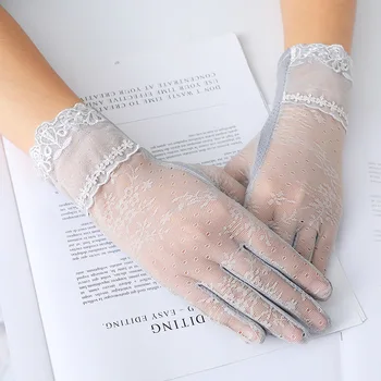 

Summer Women Sexy Lace Thin Sunscreen Touch Screen Gloves Ice Silk Thin Breathable Mesh Anti-UV Female Skid Driving Gloves