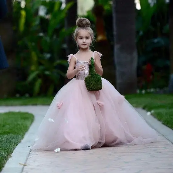 Pink Flower Girls Dresses Appliques Spaghetti Straps Ball Gown Ruffles Tulle Pageant Dresses for Girls Long Girl Dresses - Цвет: Розовый