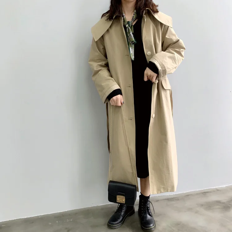 Autumn Winter Women Khaki Trench Coat Long Sleeve Turn Down Collar Overknee Long Thin Loose Coat With Belt