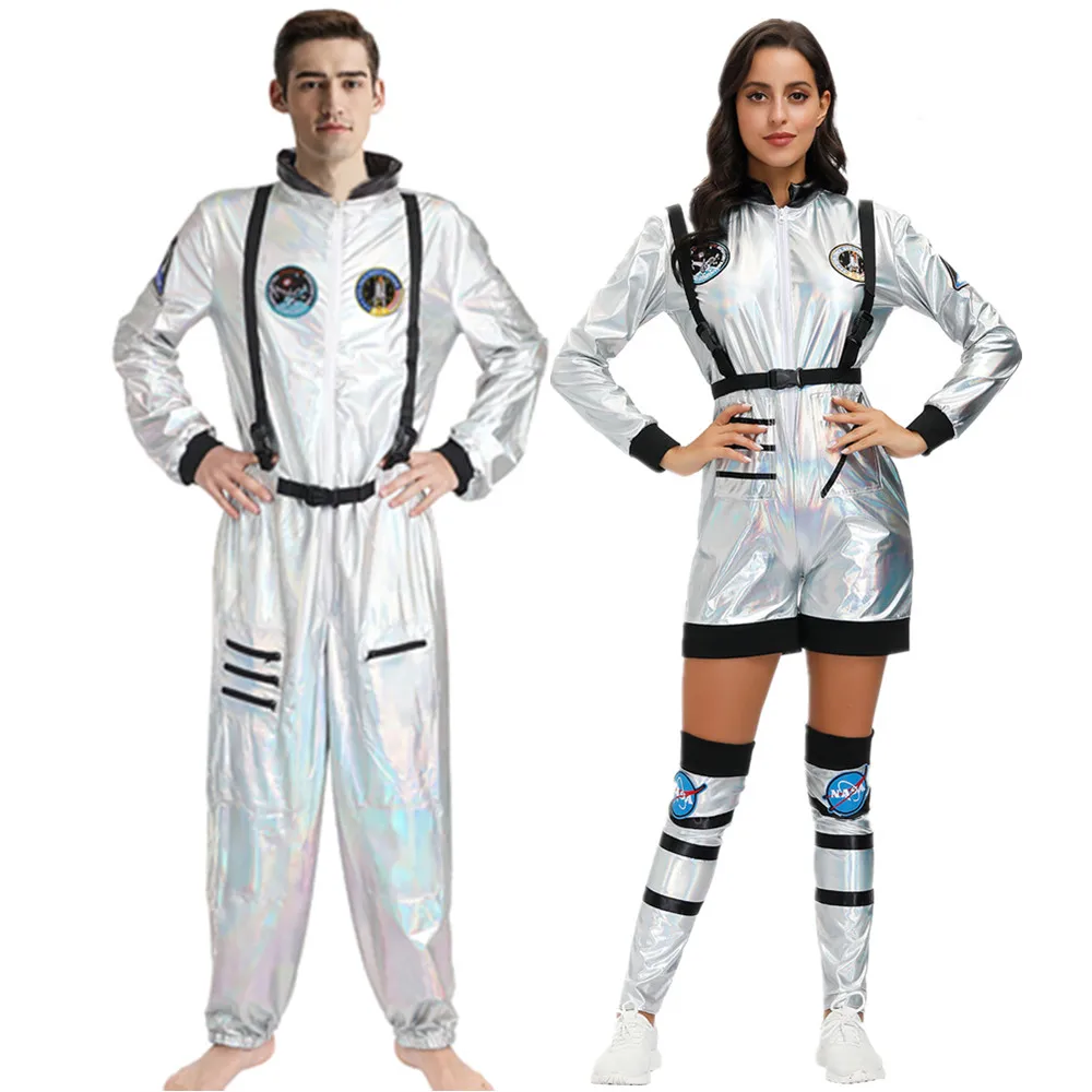 

Silver Spaceman Jumpsuit Couple Astronaut Costume For Women Men Halloween Cosplay Adult Pilot Carnival Party Fancy Dress