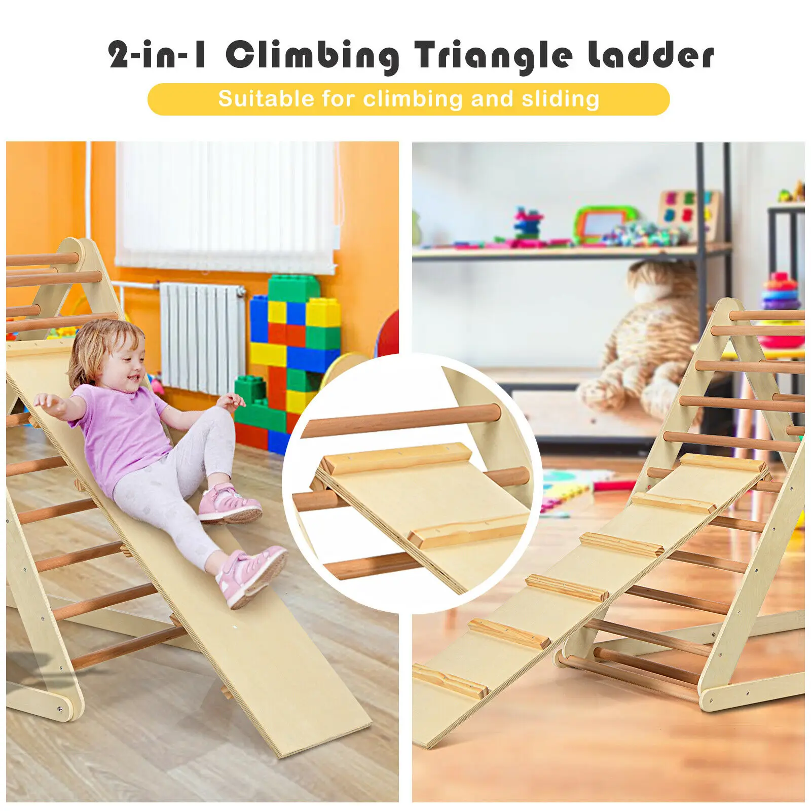 Foldable Wooden Climbing Triangle Indoor Home Climber with Ladder for Toddler Baby