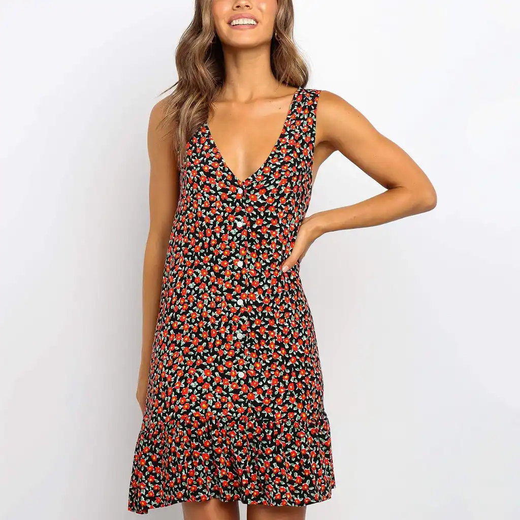 Casual Abiti Da Spiaggia Per Le Donne 2020 Sexy Profondo Scollo A V Stampa Floreale Con Volant Vestito Da Estate Boho Senza Maniche Una Linea Di Partito Mini Vestito Aliexpress