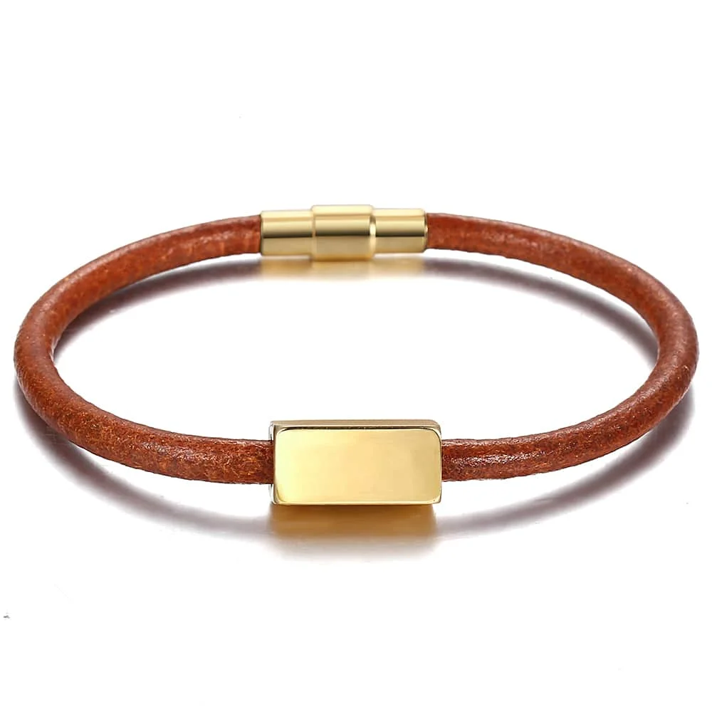 Персонализированный гравировальный браслет из натуральной кожи для мужчин и женщин золотого цвета, магнитный браслет с застежкой из нержавеющей стали LPZ007