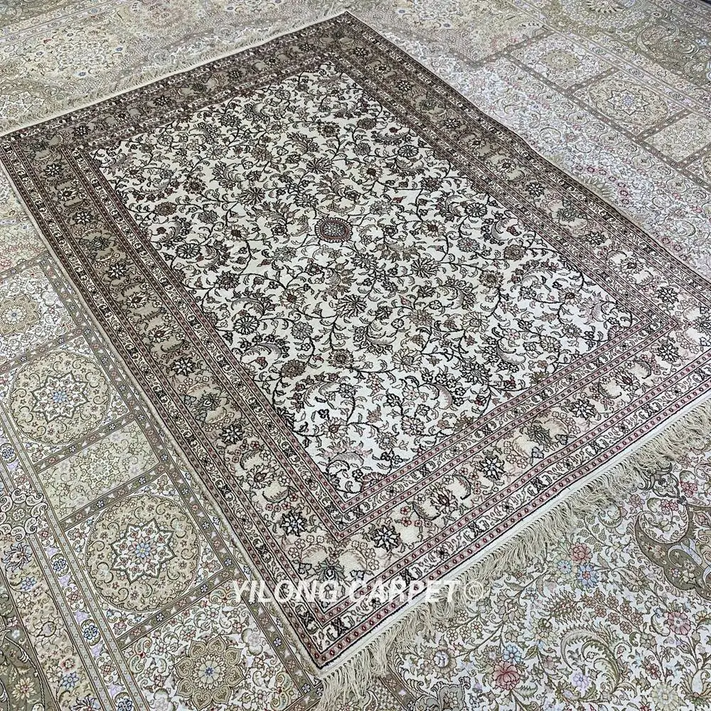 YILONG 4'x6' Тебриз шелк Vantage ковер античный бежевый шелковые ковры ручной работы для продажи(YHW1004AB