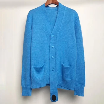 

Women Sweater 2020 Pure Blue Casual V-Neck Long Sleeve Knit Sweater Coat Female Tops Korea Style