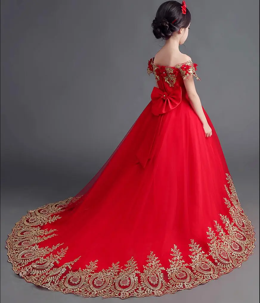 Красное Кружевное платье для девочек Детские вечерние платья принцессы для девочек с длинным шлейфом, Платья с цветочным узором для девочек на свадьбу, детское платье для первого причастия
