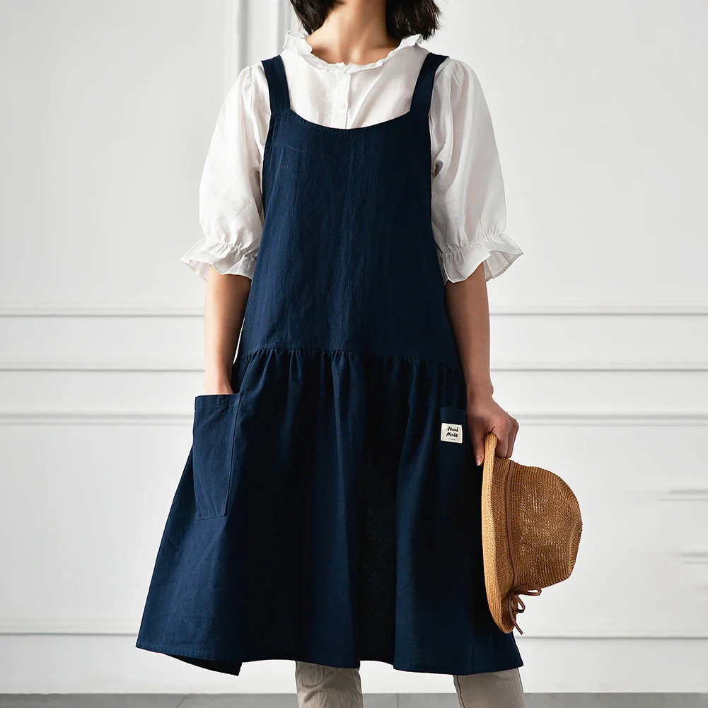 Women Antifouling Cross Back Pockets Cooking Baking Apron Dress Work Clothes Garden Tool Apron, Kitchen Baking Cotton Apron Cook