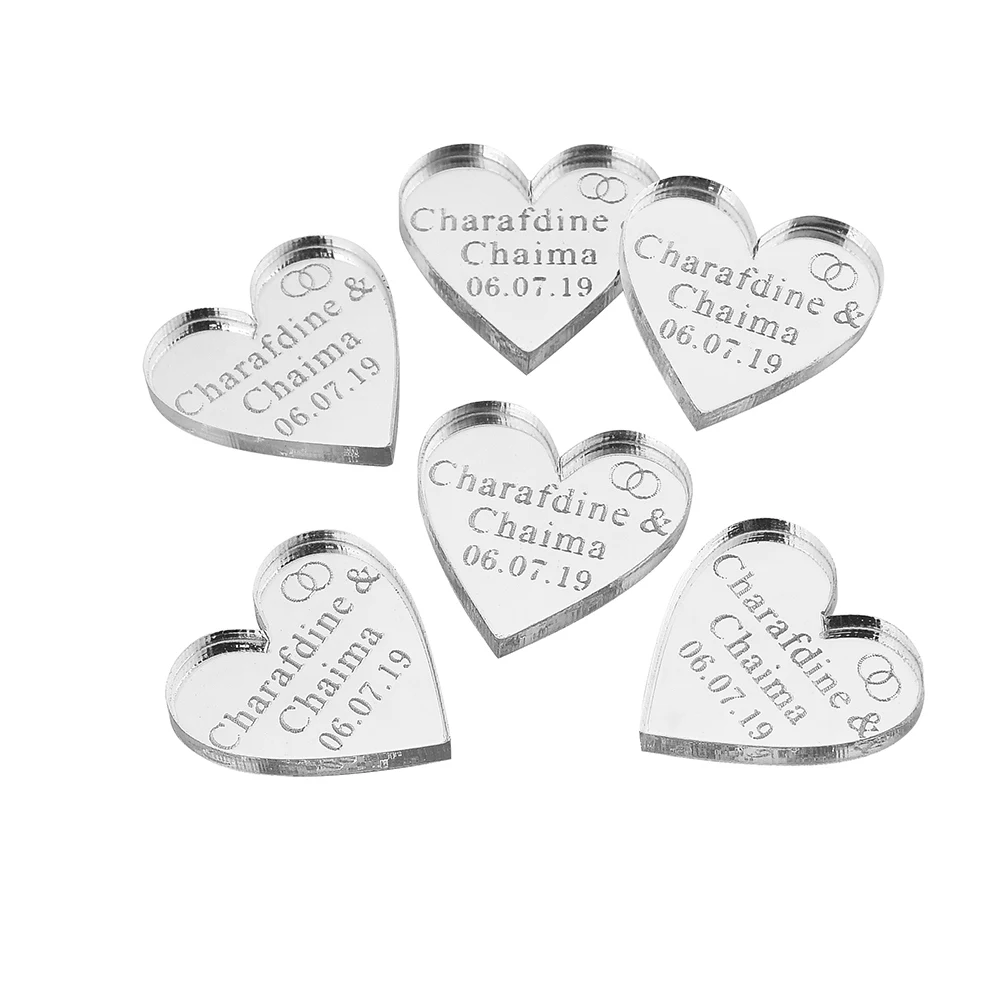 100 шт персонализированное гравированное зеркало серебряного цвета с сердечками для свадебного стола с именными ярлыками - Цвет: Style 10