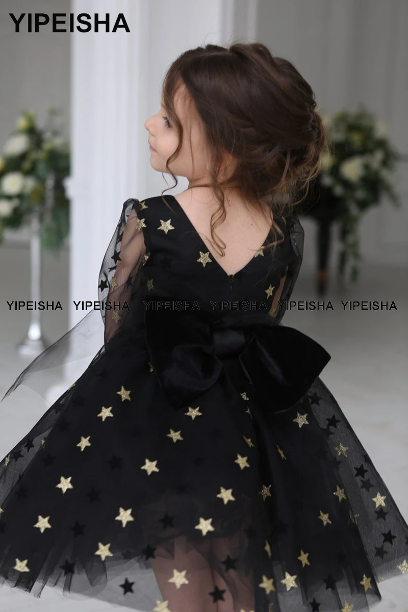 Girls Floral Black Princess Dress for Baby Elegant Wedding Dresses Kids  Vintage Ball Gown Children 1st Birthday Party Vestidos