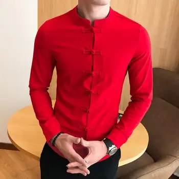 

Casual Men's Shirt Cotton Linen Shirt for Man Blouse Unique buckle design Solid color Plus Size Red Black Gray White