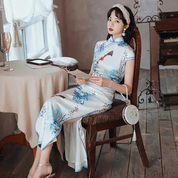 

Sexy Blue Print Flower Women Cheongsam Satin Mandarin Collar Elegant Qipao Classic High Split Wedding Party Dress Vestidso