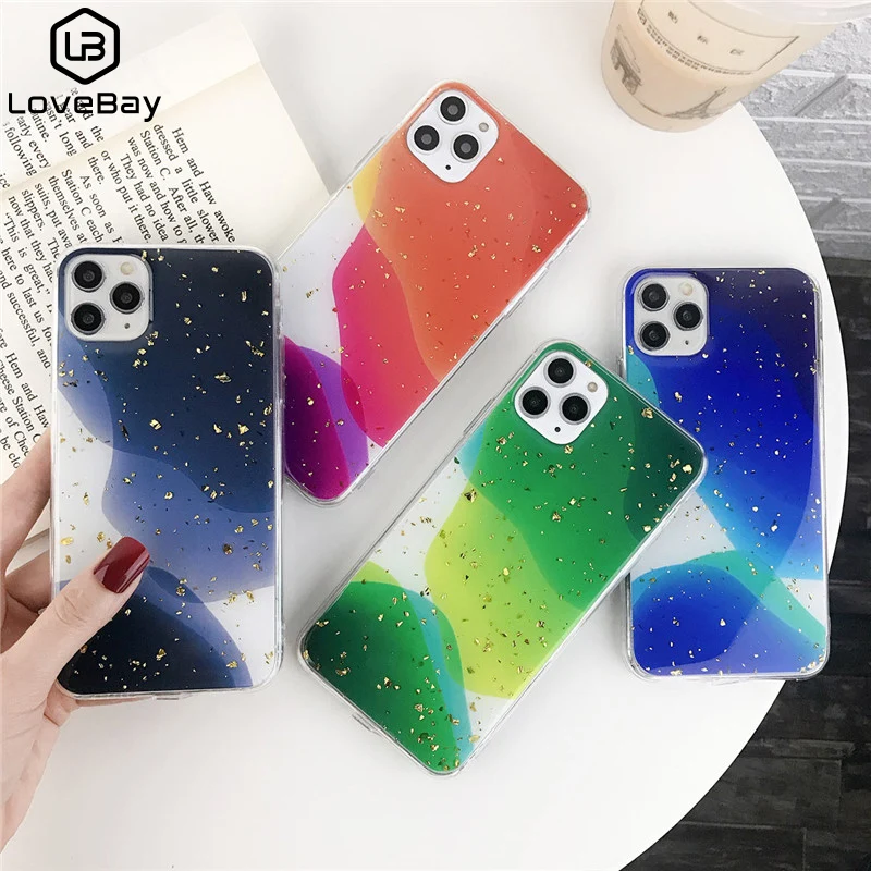Lovebay Gold Foil Phone Case For iPhone 11 Pro Max X XR Xs 6 6s 7 8 Plus Glitter Bling Soft Silicon Epoxy Wave Texture Cover |