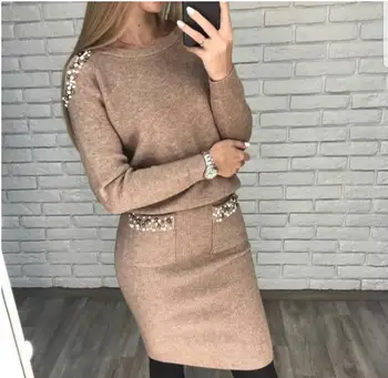 

women two piece set Peals Sweater Tops Skirt Suits Long Sleeve Off Shoulder Pullovers Elegant Woman Knitted Jumpers Skirts Set