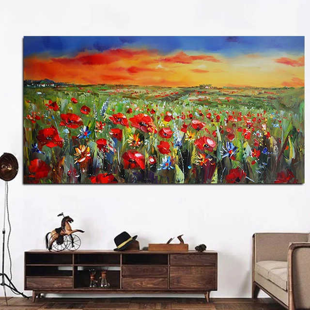 Wild Flowers Poppies Landscape Oil Painting Printed on Canvas 1
