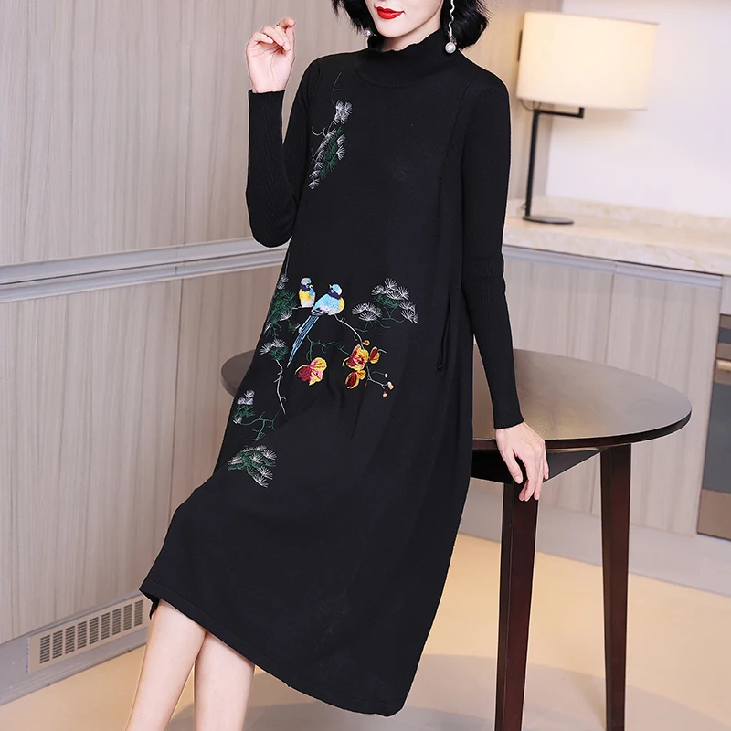 

Plus Size Knitted Dress Women 2020 New Autumn Winter Fashion Stand Collar Long Sleeve Bottoming Sweater Dress