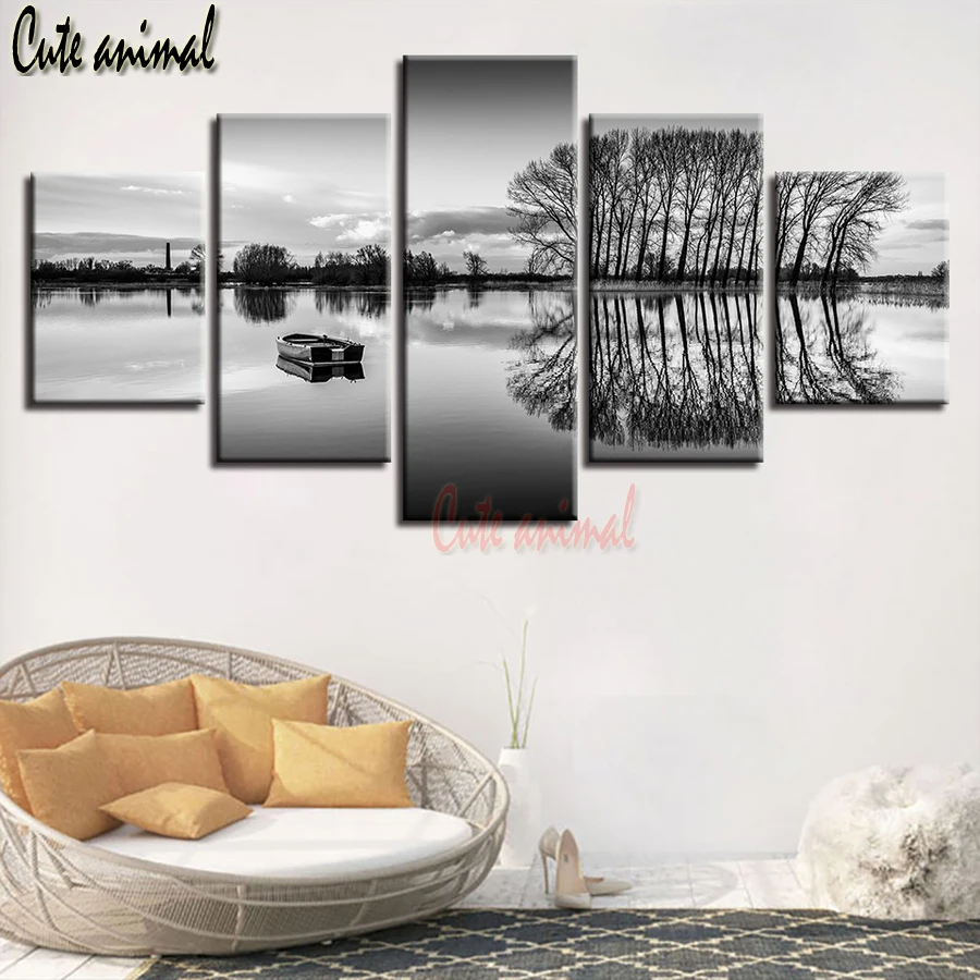 5 шт. 5d Diy алмазная живопись Черно-белые фотографии корабль озеро дерево пейзаж