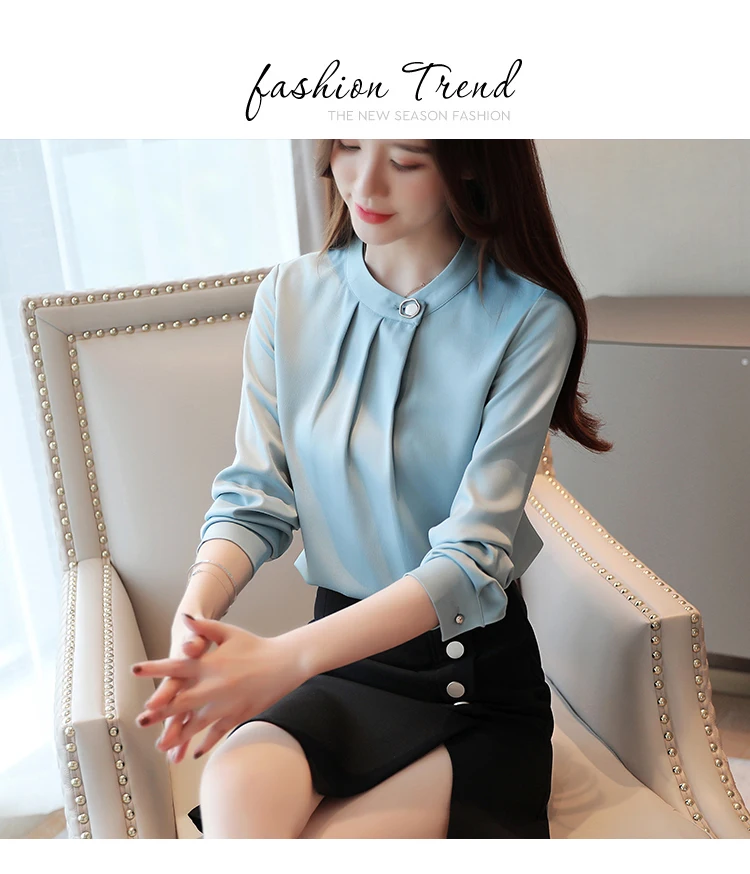 Camisas Mujer, новинка, осенняя однотонная блузка с длинным рукавом, женская рубашка, топы OL, винтажный пуловер с круглым вырезом, женская блузка, одежда 7161 50