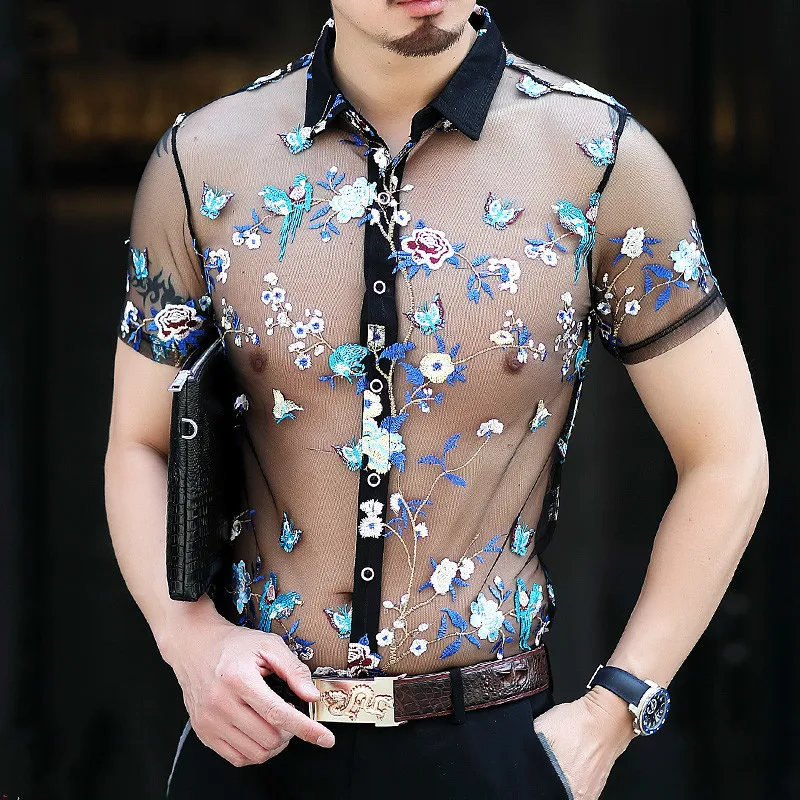 Супер сексуальная прозрачная рубашка Emboridery рубашка Camisa Hombre Slim Fit Mesh рубашка мужская одежда Топ 4xl Цветочная прозрачная рубашка