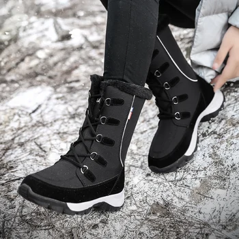 

New 2020 Trekking Outdoor MidCalf Boots Fashion Microfiber Women's boots Shoes Woman Hiking Winter Warm Plush Women Snow Boots