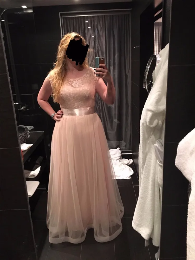 Pink Tulle Long Evening Dress Elegant A line Formal Party Gown Sleeved Backless Lace Applique robe de soiree