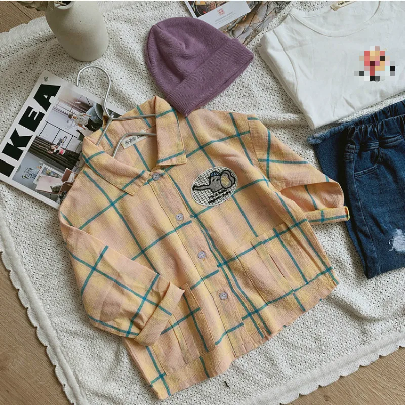 Модные клетчатые рубашки в Корейском стиле с вышивкой слона для мальчиков г., осенняя Повседневная хлопковая рубашка для детей