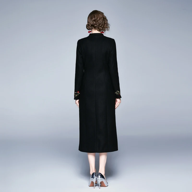 Европейский черный длинный рукав Ретро Вышивка легкое пальто Mujer Invierno женское длинное шерстяное пальто Lange Jurken K6571