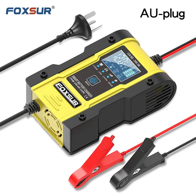 Truck Battery Charger Heavy Duty , FOXSUR 12V 6A 24V 3A Car Smart Battery Charger Fast Charge AGM LiFePO4 Lead-Acid Battery AU-Plug (Yellow)
