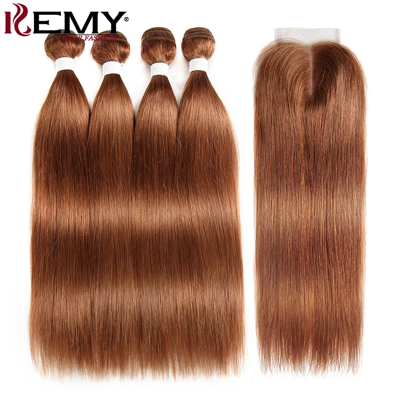 4PCS Straight Hair Bundles With Closure 4x4 KEMY HAIR Brazilian Brown Human Hair Weave Bundles With Closure Non-Remy Hair Weave