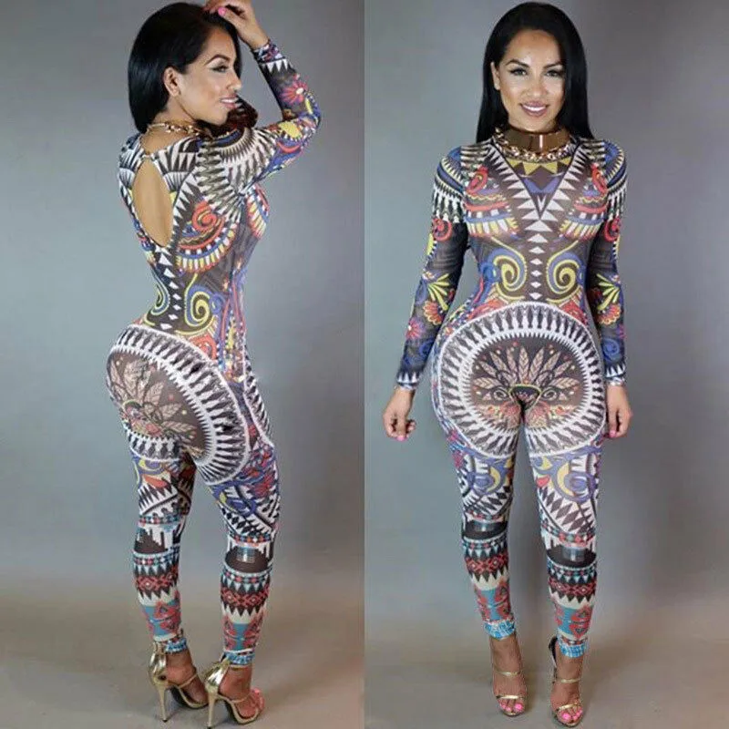 

Vintage Women Long Sleeve Playsuit Sport Romper Slim Long Jumpsuit Backless Lace-up Print Bodycon Jumpsuit Rompers Outweaer Hot