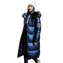 

2021NEW Women X-long oversize blue down jackets thick casual with fur epaulet 2021 winter female down coats hooded solid