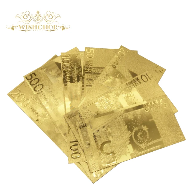 7pcs/Lot Nice European Gold Banknote 5 10 20 50 100 200 500 Euro Banknotes in Gold Plated Fake Paper Money For Collection