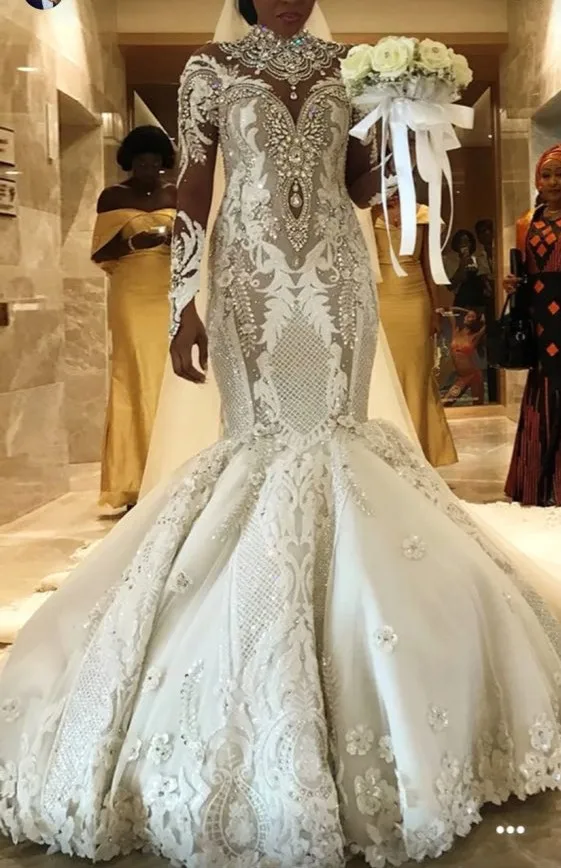 Casamento с высоким горлом Кружева Русалка Африканские свадебные платья рукава Роскошные свадебные платья «горный хрусталь» 3D цветок Vestido De Noiva