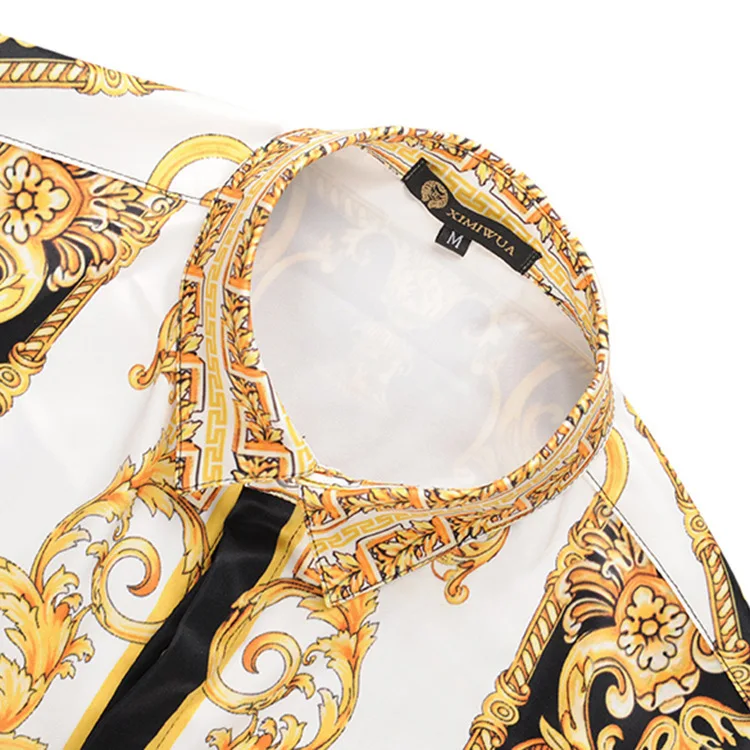 Роскошная королевская Мужская рубашка с черным золотым принтом, мужская рубашка с длинным рукавом для ночного клуба, повседневная Облегающая рубашка, уличная рубашка