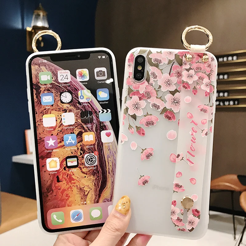 SoCouple Flower Soft TPU Wrist Strap Case For iphone 7 8 6 6s plus X Xs max XR Relief Floral Phone Holder Case Transparent Cover (9)