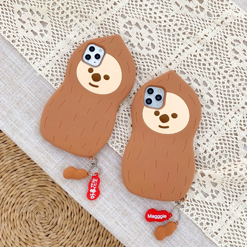 3D Cute Peanut Shape Phone Case For iPhone 12Pro MAX 11 12 XS XR X 7 8 Plus Funny Cartoon Pendant Soft Silicone Cover | Мобильные