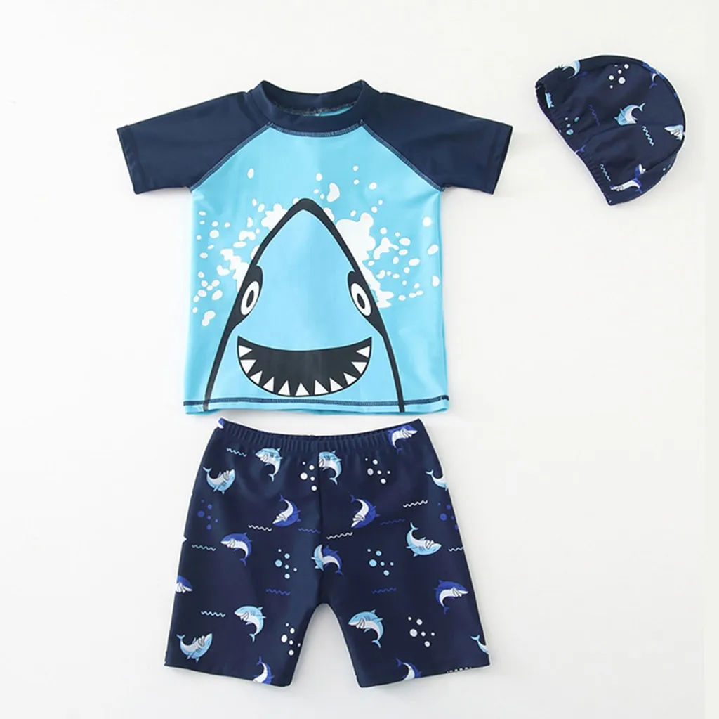 

2T-12T Swimsuit Outfits Baby Kids Boys Swimming Suit Short Sleeve Cartoon Printed Tops Shorts Hat 3 Pieces Set Swimwear Clothes