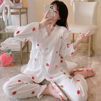 

XIFER Kimono Nursing Clothes Cotton Spring Autumn Pregnant Women Pajamas Suit Double Gauze Breastfeeding Postpartum Home Service