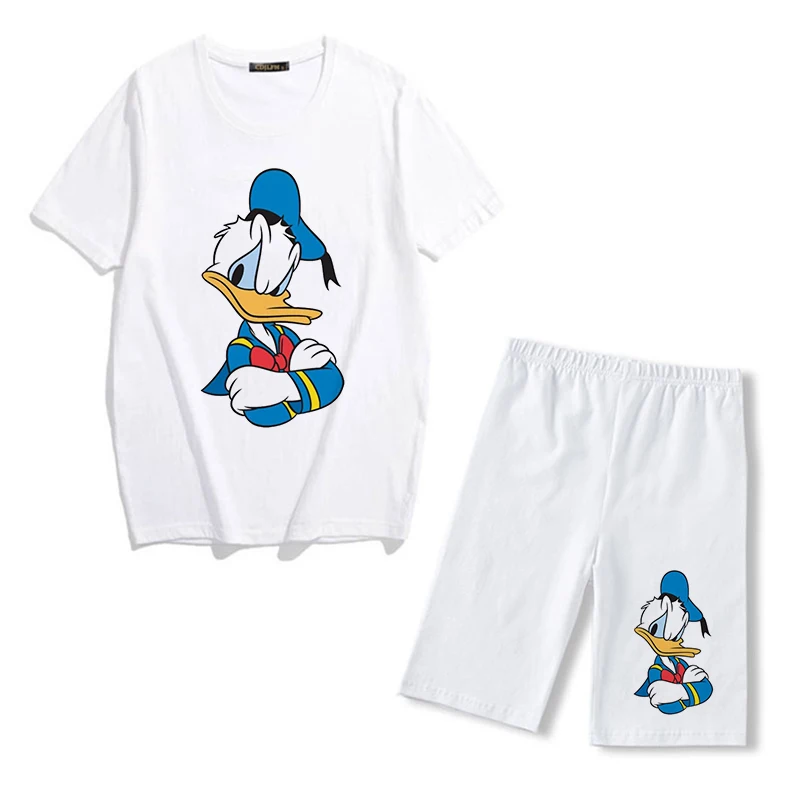 Disney Donald Duck Cartoon Print Fashion Women Two Piece Set Short Sleeve T-shirt+sports Shorts Summer Casual Tracksuits Clothes plus size jogger set