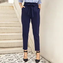 Office Ladies High Waist Pants Elegant Work Wear Skinny Trousers Women Solid Pocket Front Tie Blue Pencil Pants Casual Summer Office Ladies High Waist Pants Elegant Work Wear Skinny Trousers Women Solid Pocket Front Tie Blue Pencil Pants Casual Summer